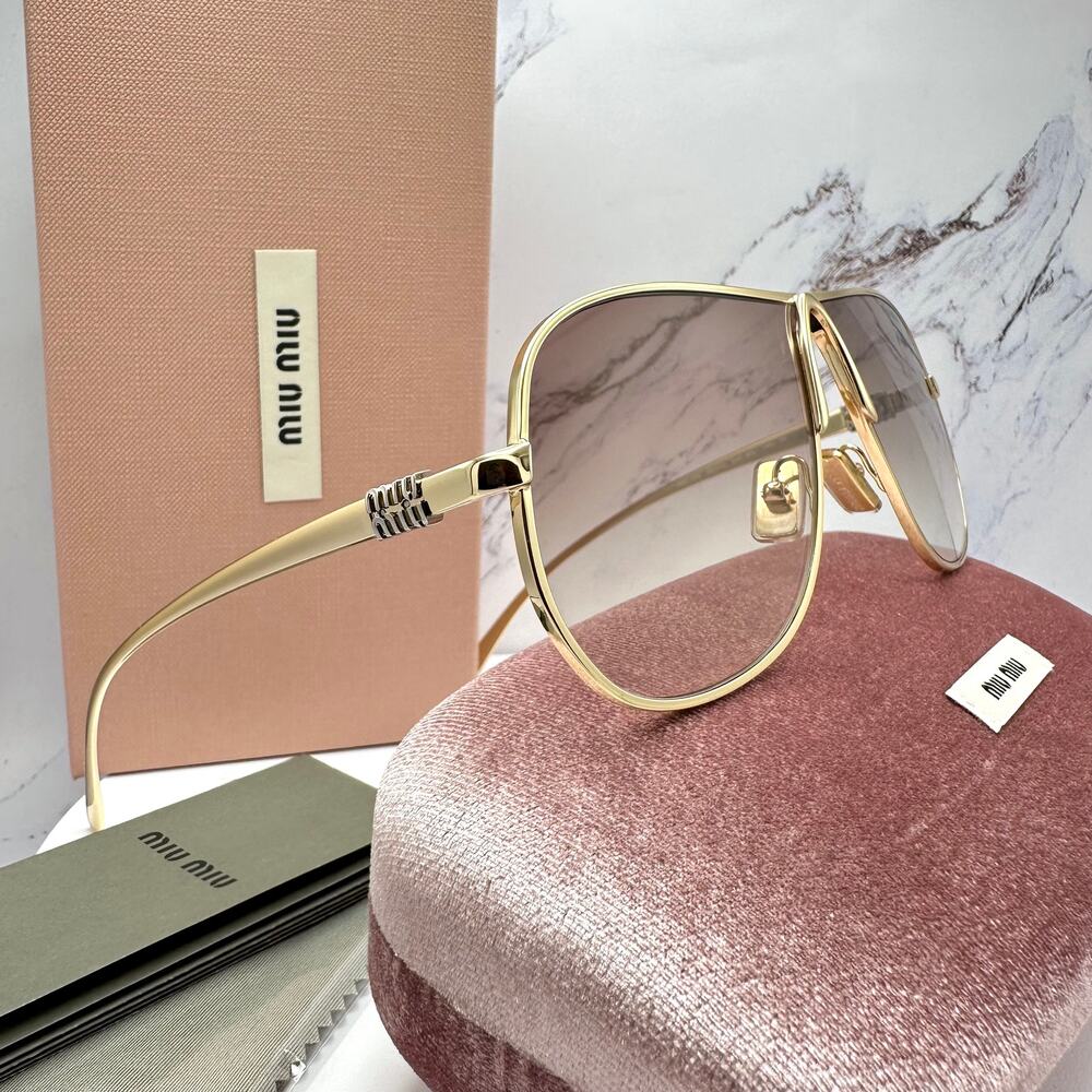 New MIU MIU Sunglasses Seen on Bad Bunny MUA56S 5AK90L Gold Metal Aviator - Picture 5 of 16